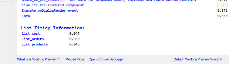 Timing Information control displaying List query durations